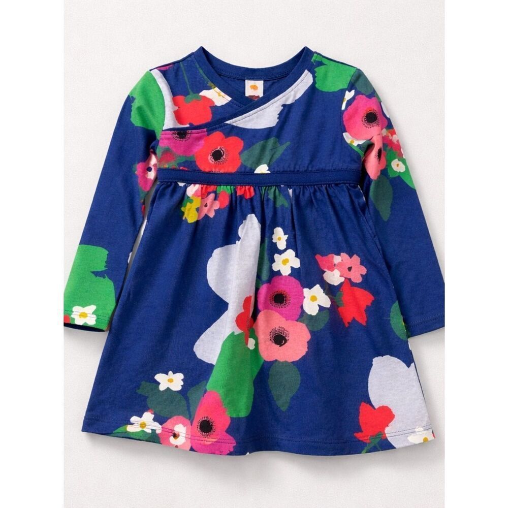 Tea Collection Navy with bold floral print long sleeve wrap top dress 2T NWOT